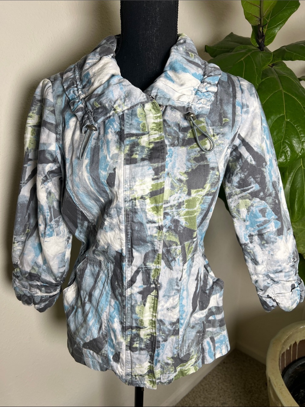 TRIBAL Women’s Blue Gray Abstract Utility Cinched Waist 3/4 Sleeves Jacket Coat